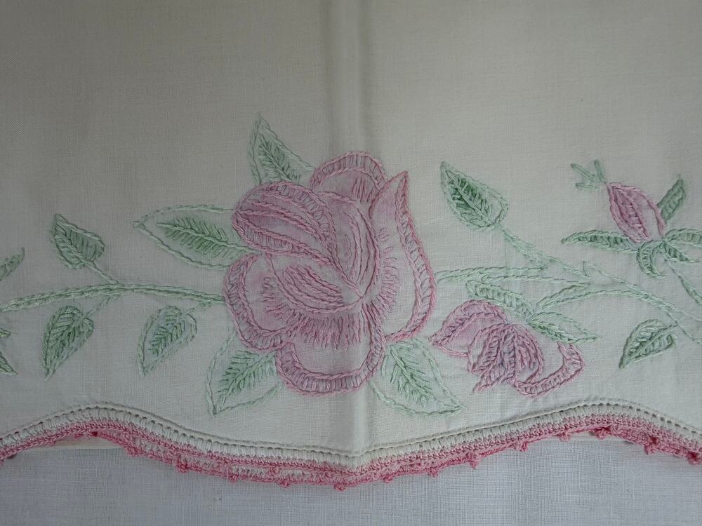 Vintage Embroidered Pillowcases Set of 2, Pink Rose FloralCrochet Trim